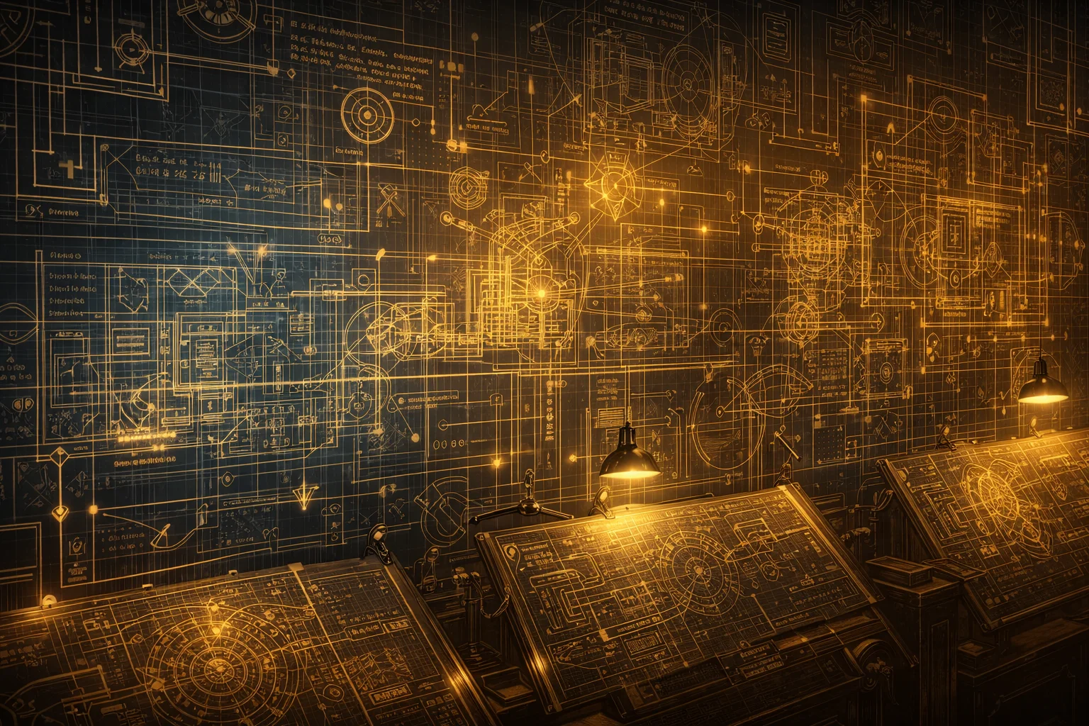 Art deco blueprint room with technical drawings