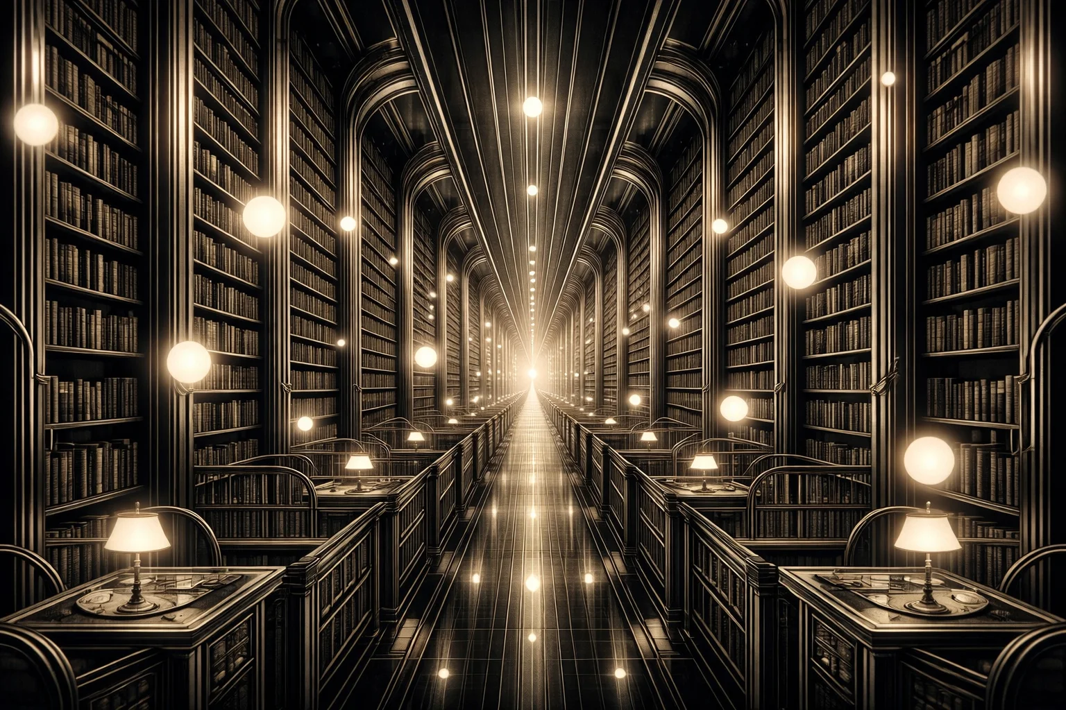 Art deco library with glowing orbs
