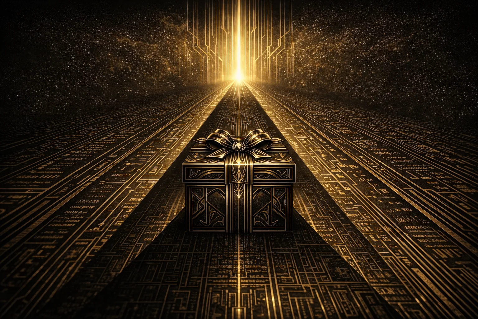 Art deco gift box casting long shadow of fine print