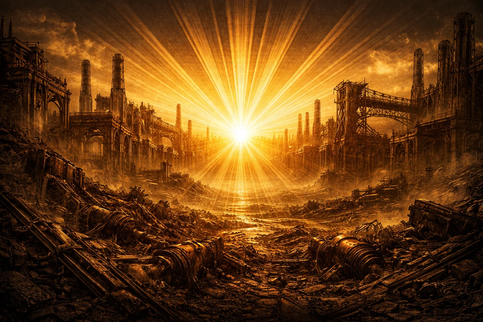 Art deco archaeological dig revealing buried machinery