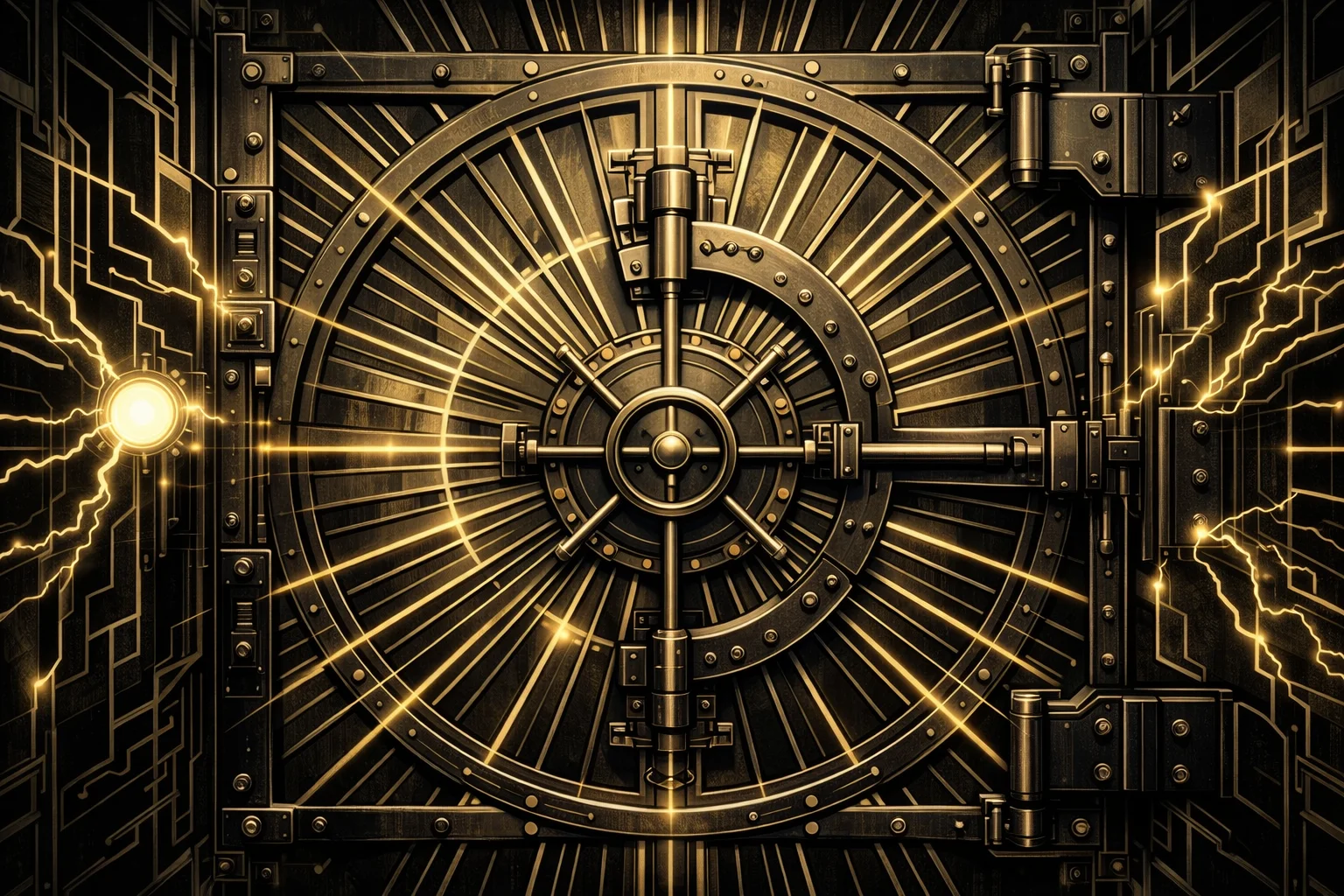 Art deco vault door with radiating golden lines