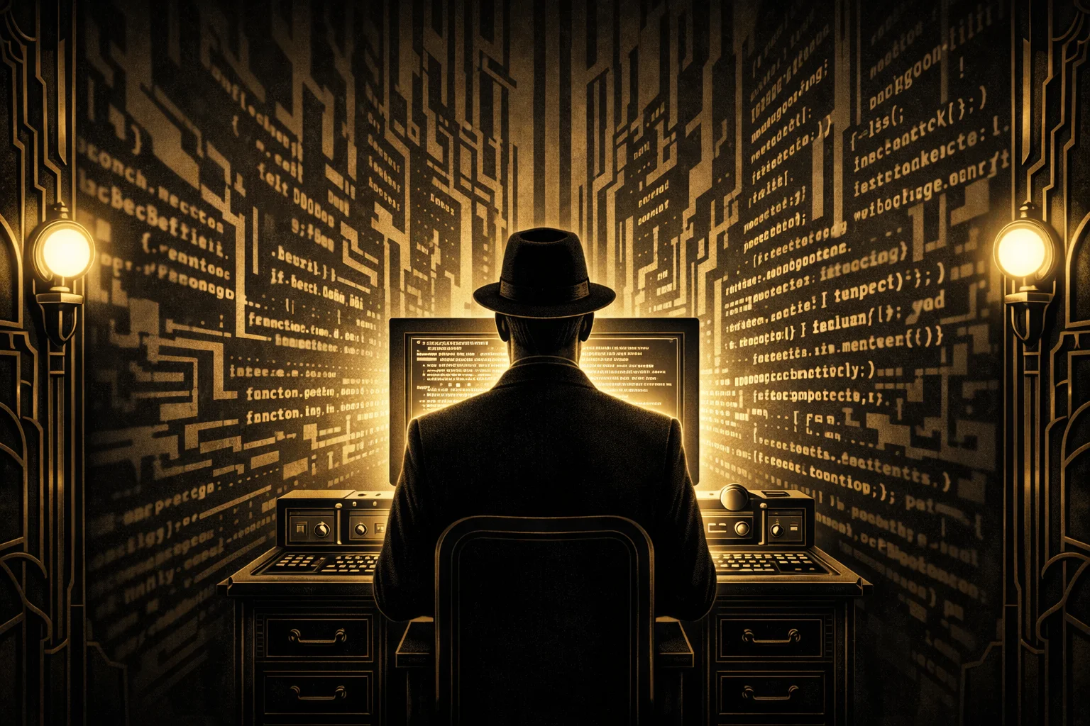 Art deco figure at terminal with shadows writing code